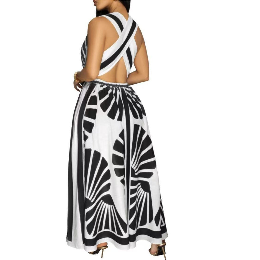 European And American V-neck Positioning Printing Backless Dress Grayceful LLC
