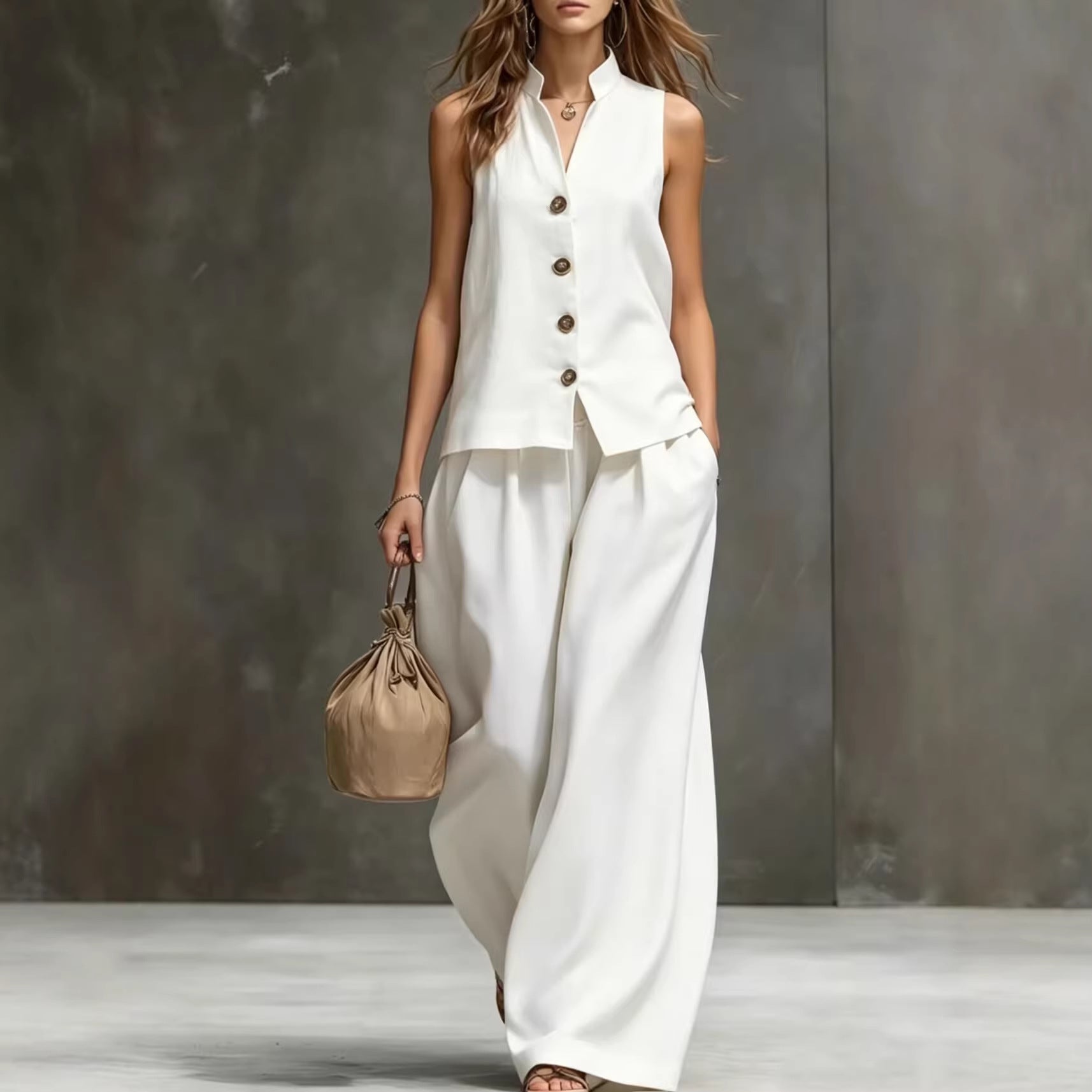 Women's Sleeveless Vest & Wide-Leg Pants Two-Piece Set – Cotton Linen FitiqueFit