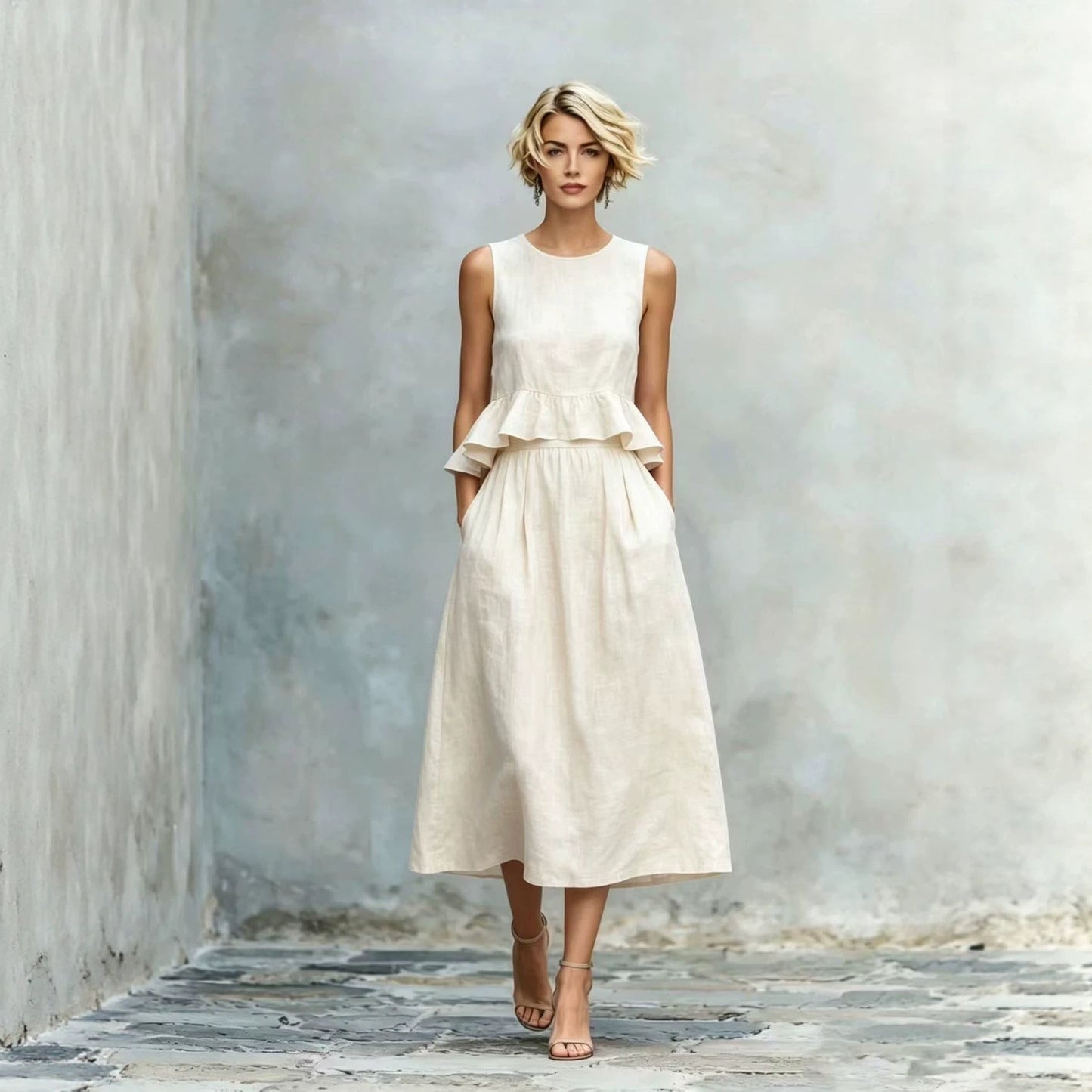 Women's Sleeveless High-Waist Ruffle Trim Maxi Dress FitiqueFit