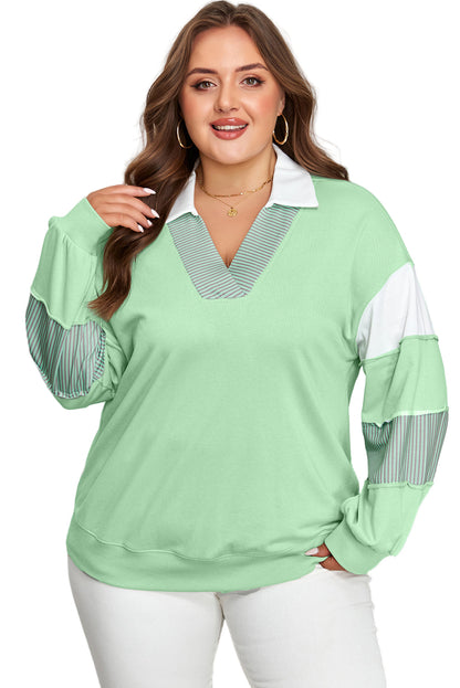 Moonlight Jade Color Block Striped Patchwork Collar V Neck Plus Size Sweatshirt Garden Naked Curves