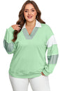 Moonlight Jade Color Block Striped Patchwork Collar V Neck Plus Size Sweatshirt Garden Naked Curves