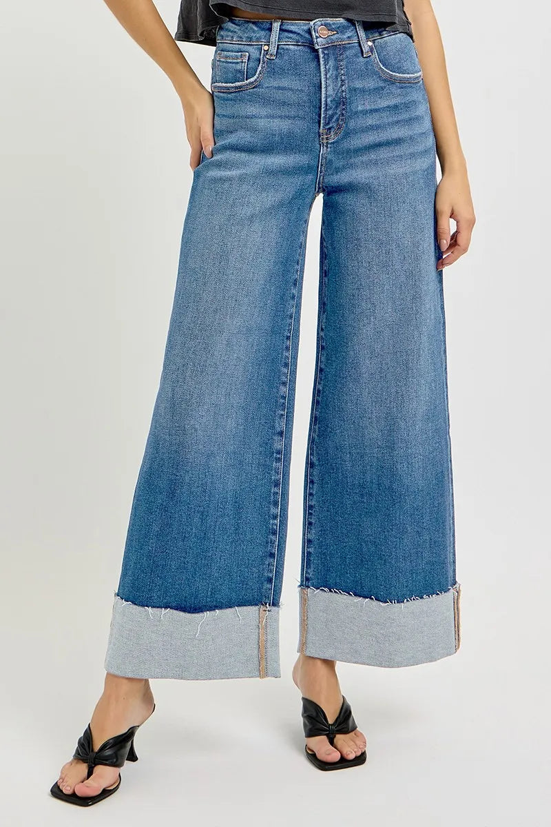 RISEN Full Size Tummy Control High Rise Crop Wide Cuffed Jeans Plus Size West2East Surf