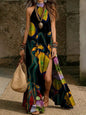 Women's Printed Halterneck Split Maxi Dress – Loose Fit Sleeveless FitiqueFit