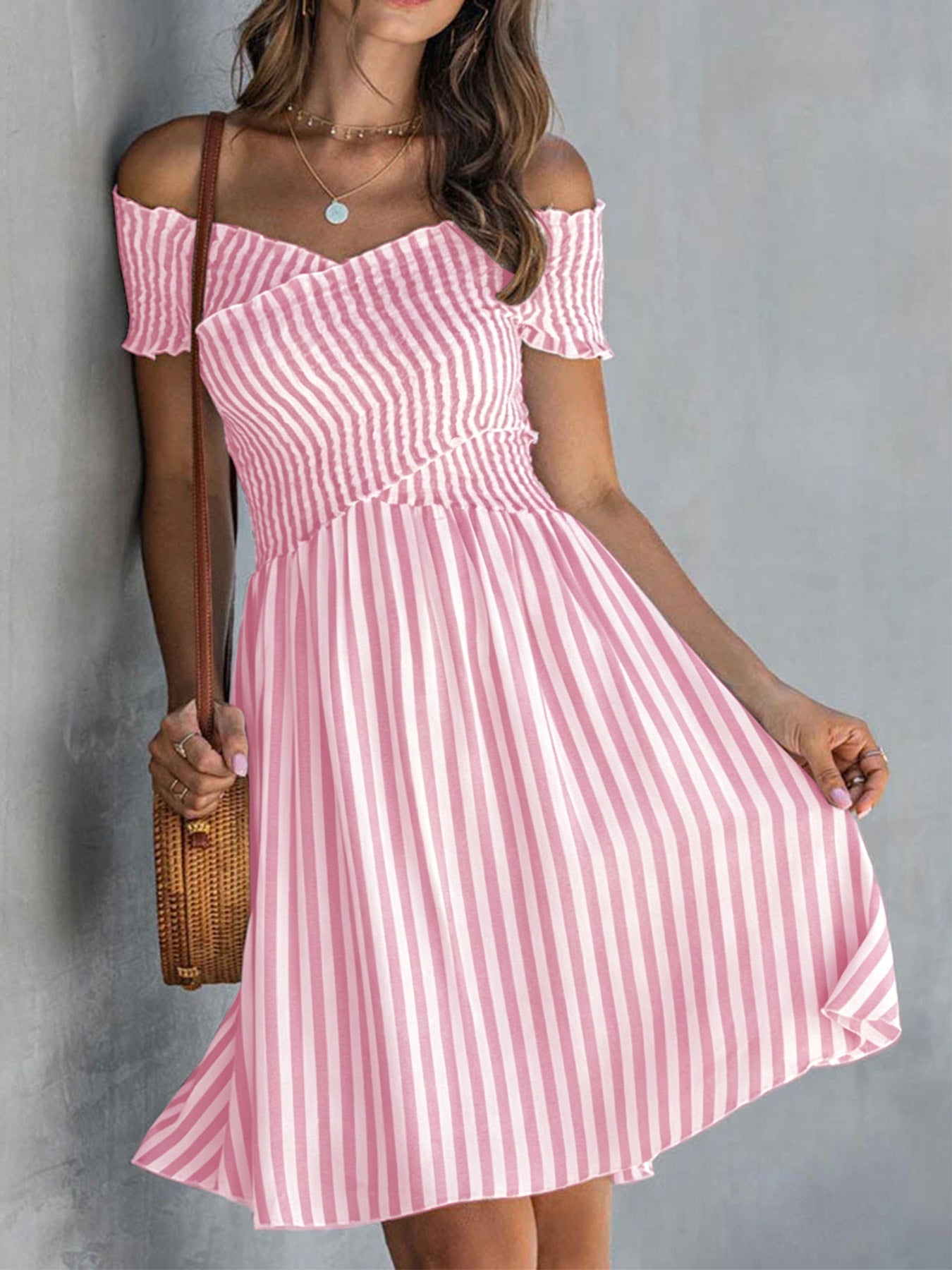 Women's Off-Shoulder Striped Waist-Cinching Midi Dress FitiqueFit