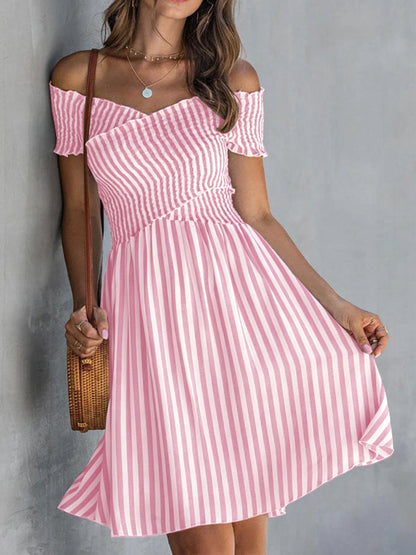 Women's Off-Shoulder Striped Waist-Cinching Midi Dress FitiqueFit