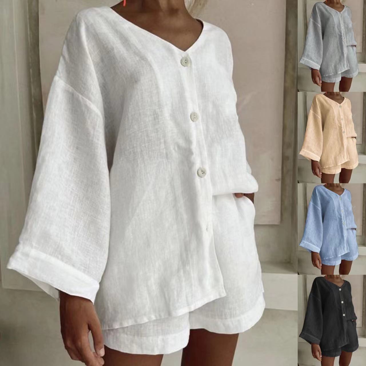 Women's Cotton Linen Shirt & Shorts Set – Long Sleeve, Button, Casual 2-Piece FitiqueFit
