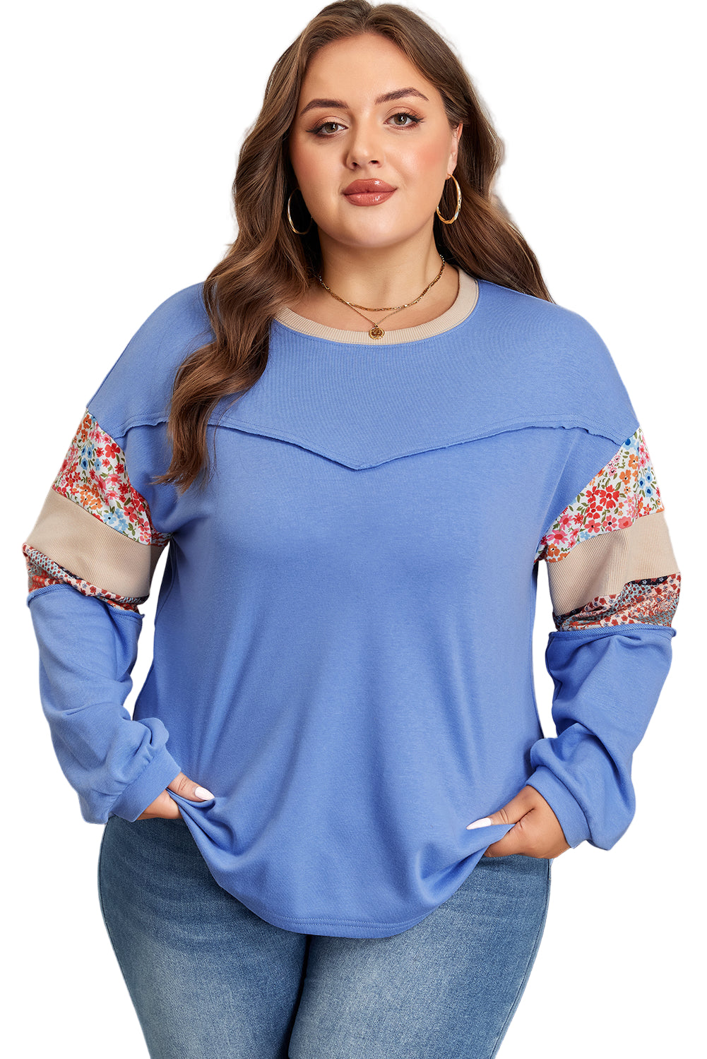 Khaki Exposed Seam Floral Mixed Patchwork Relaxed Plus Size Top Garden Naked Curves