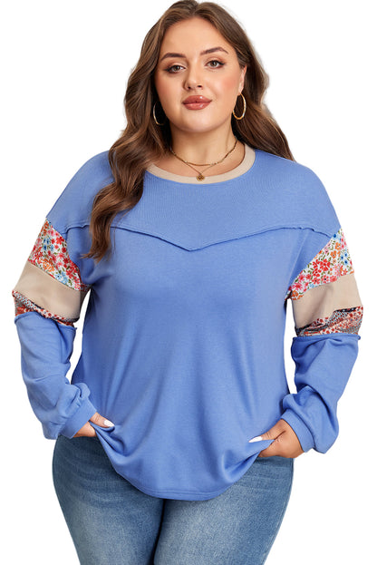 Khaki Exposed Seam Floral Mixed Patchwork Relaxed Plus Size Top Garden Naked Curves