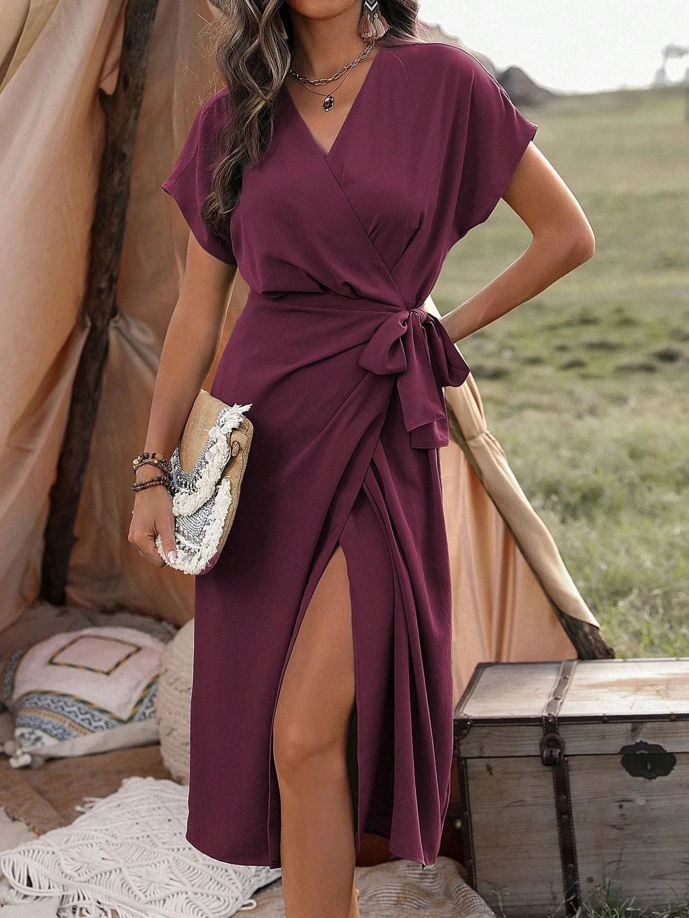 Commuting Fashion Forged Split Women's Solid Color Wrap Suspender Dress Grayceful LLC