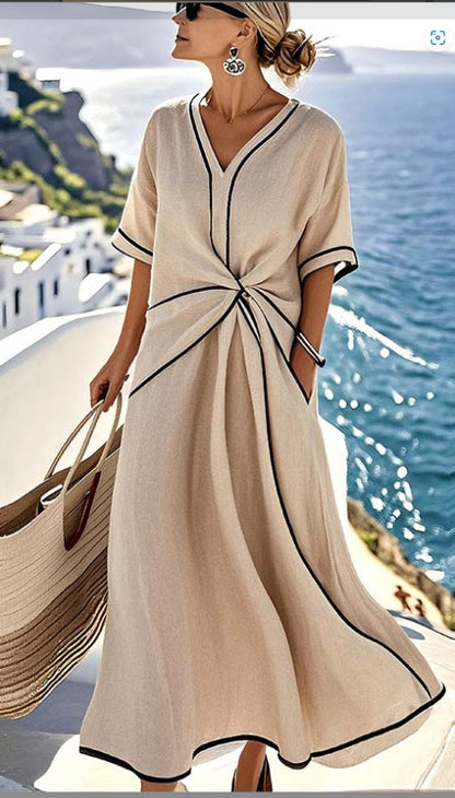 Striped Print Maxi Dress – Short Sleeve Beach Vacation Dress FitiqueFit