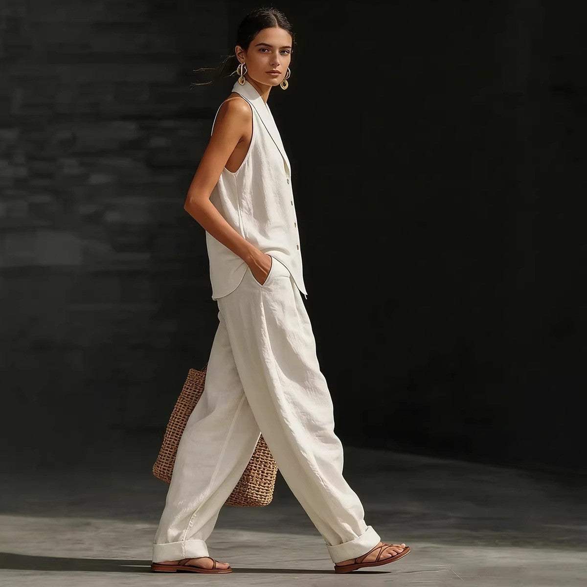 Women's Sleeveless Vest & Wide-Leg Pants Cotton-Linen Two-Piece Set FitiqueFit