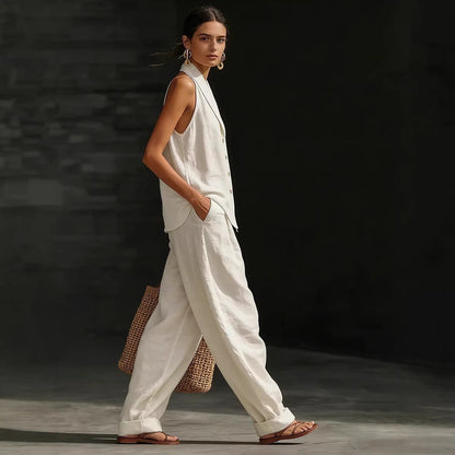 Women's Sleeveless Vest & Wide-Leg Pants Cotton-Linen Two-Piece Set FitiqueFit