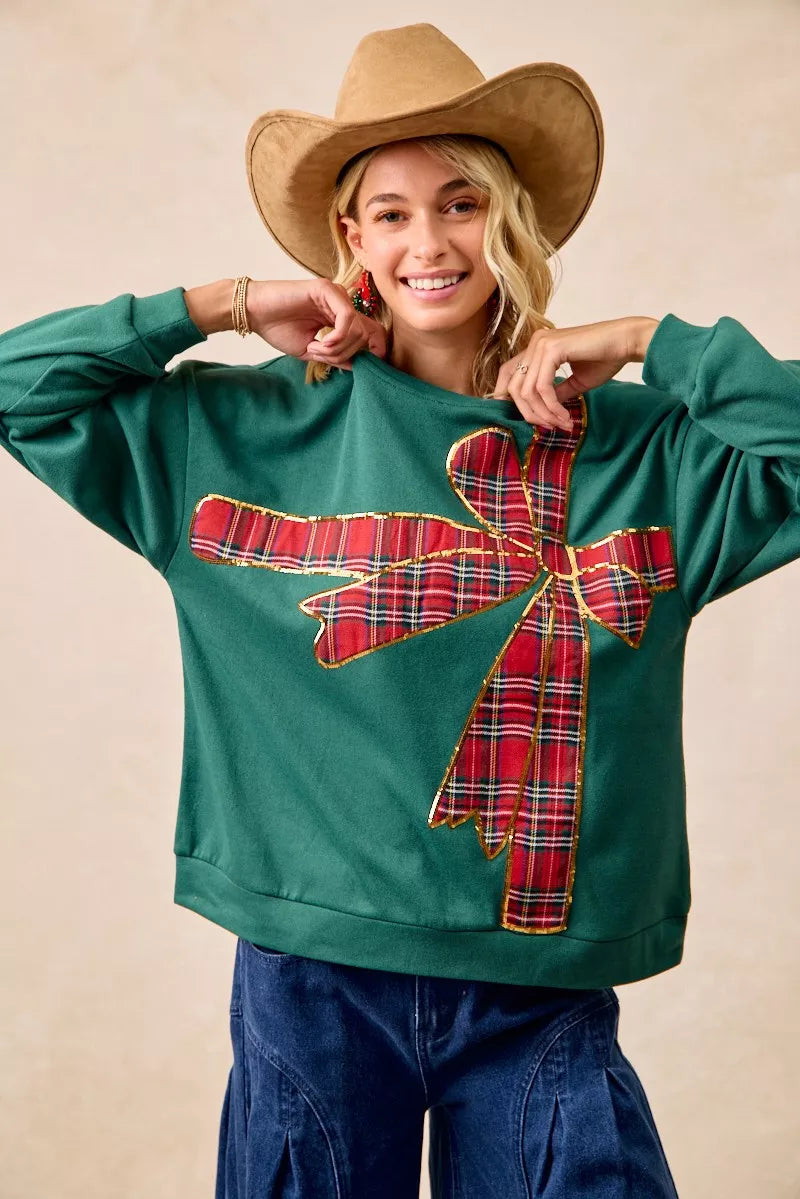 BiBi Plaid Ribbon Bow Detail Christmas Fleece Pullover FitiqueFit