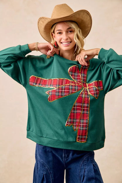 BiBi Plaid Ribbon Bow Detail Christmas Fleece Pullover FitiqueFit