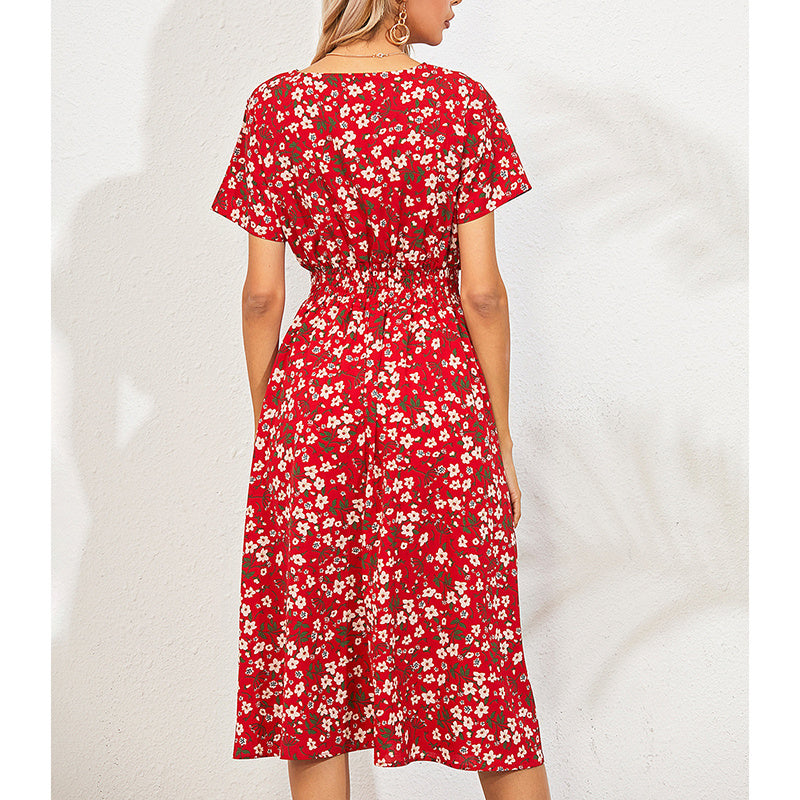 Boho V Neck Floral Print Short Sleeve Mini Dress Cute Smocked Waist Short Dress Grayceful LLC