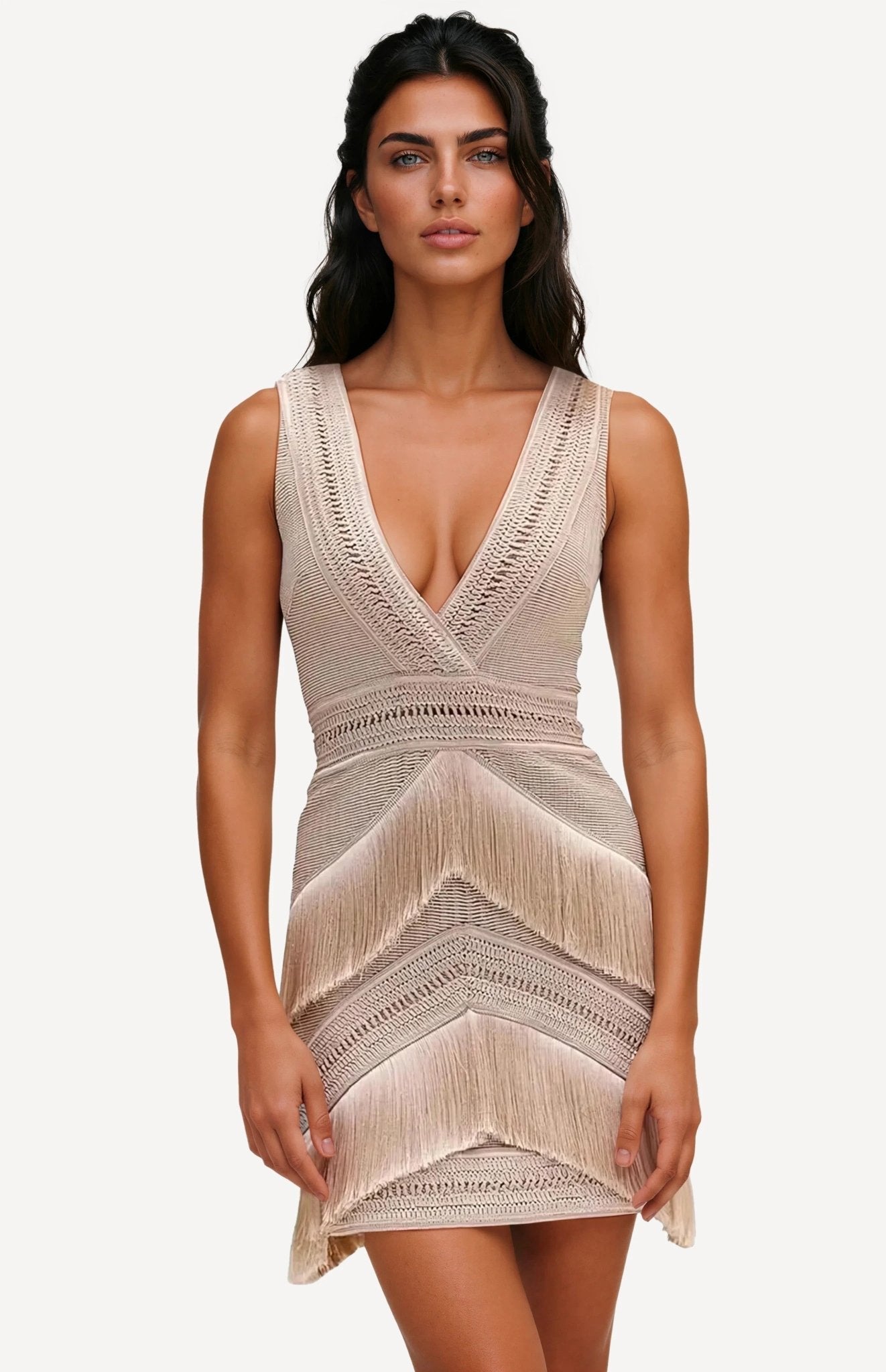 Deep V-Neck Fringe Mini Dress – Clay XO, Tina