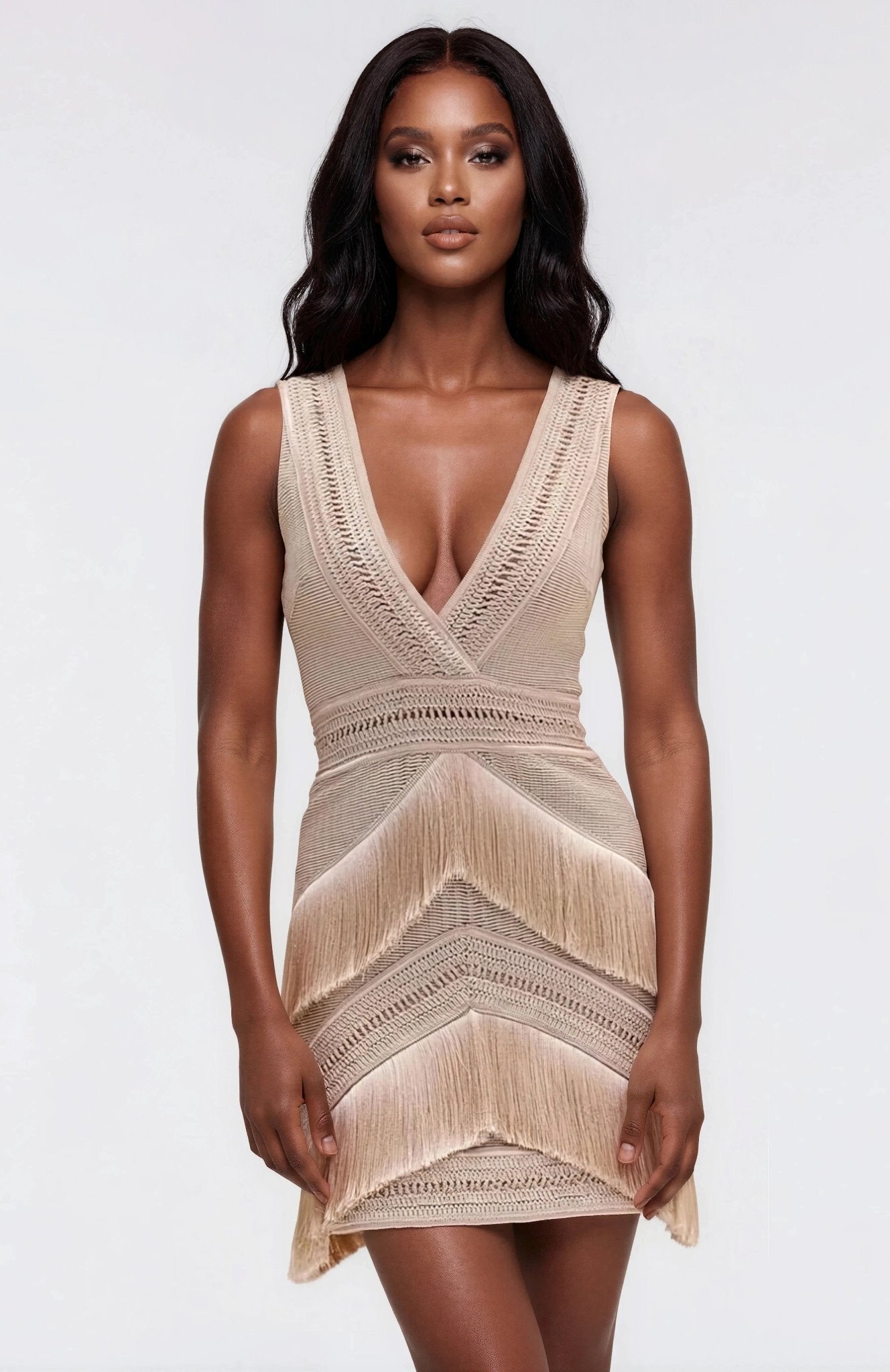 Deep V-Neck Fringe Mini Dress – Clay XO, Tina