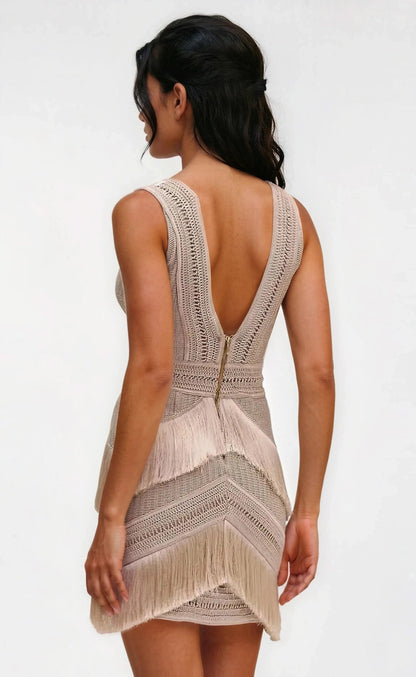 Deep V-Neck Fringe Mini Dress – Clay XO, Tina