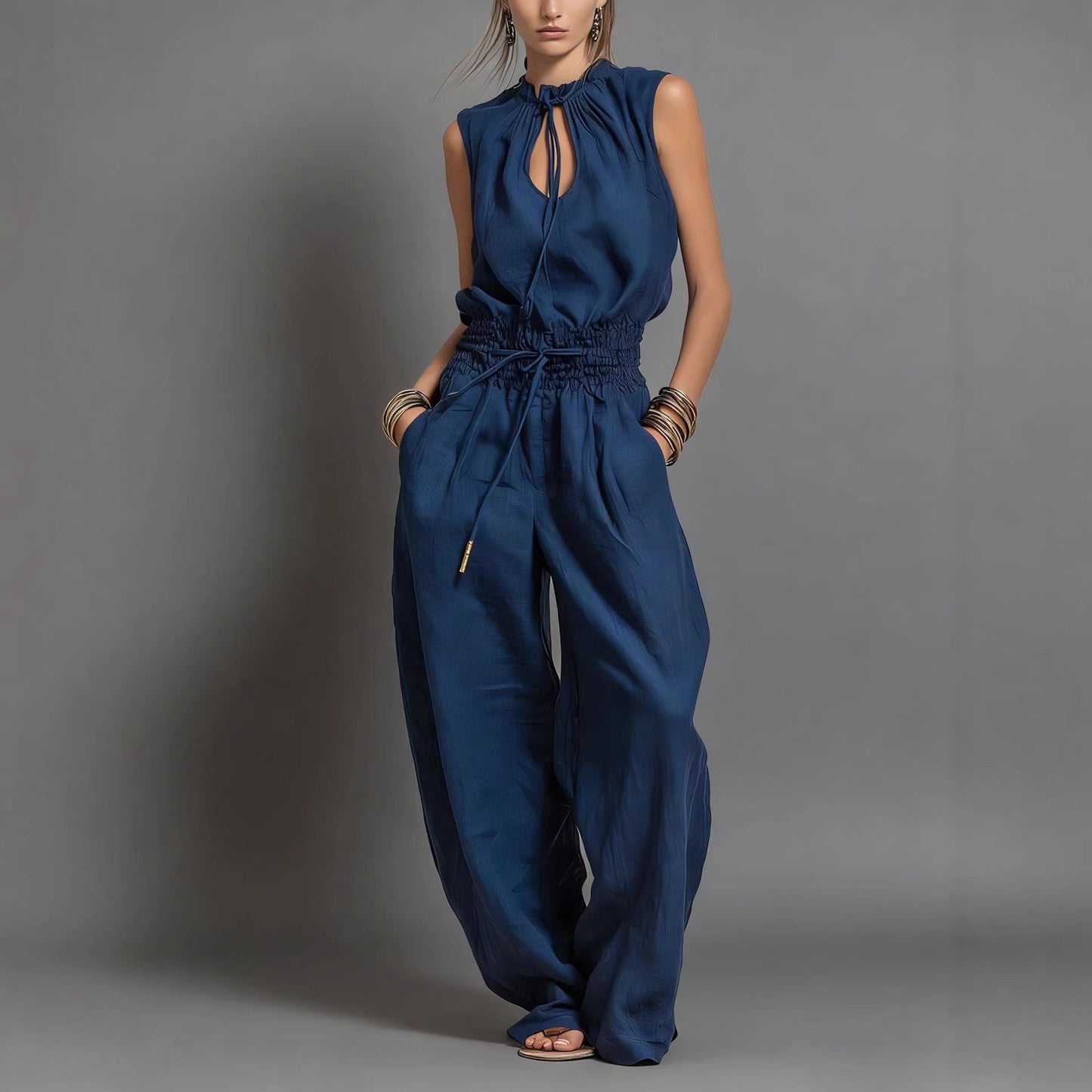 Women's Sleeveless High-Waist Wide-Leg Pleated Jumpsuit FitiqueFit