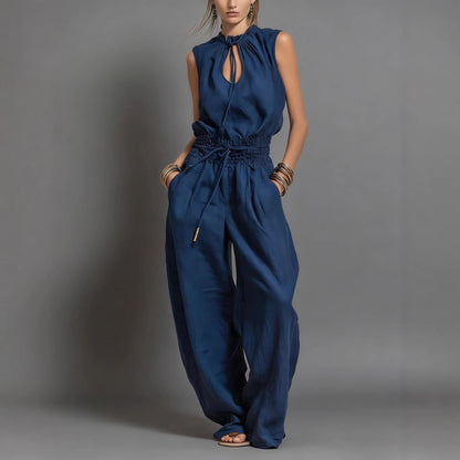 Women's Sleeveless High-Waist Wide-Leg Pleated Jumpsuit FitiqueFit