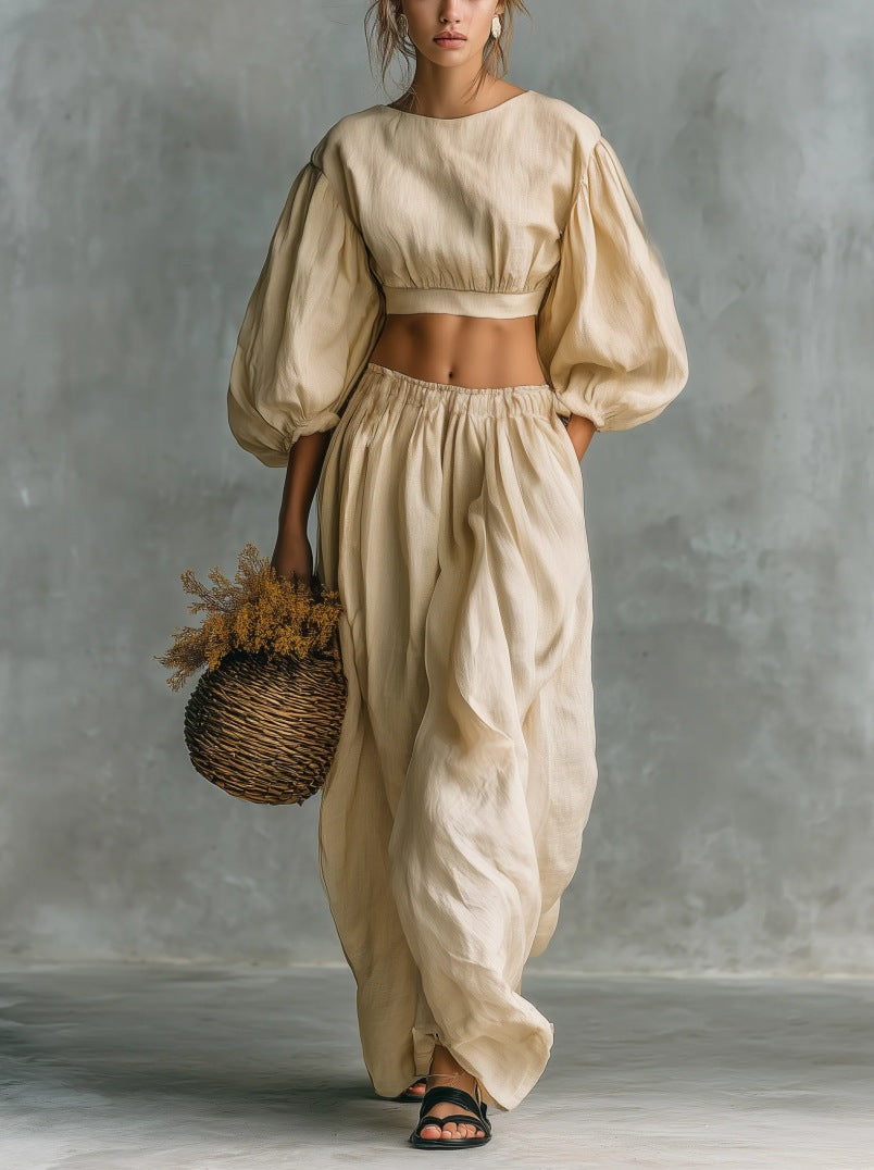 Women's Puff-Sleeve Crew-Neck Two-Piece Set with Pockets FitiqueFit
