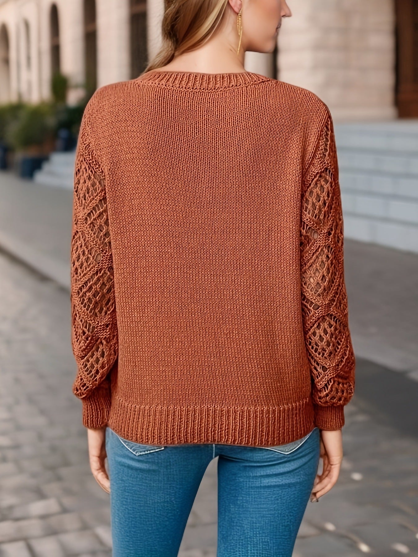 Loose Hollow Knitted Sweater Long-sleeved Pullover V-neck Top Women's Clothing Grayceful LLC