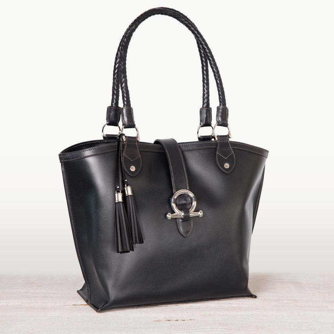 Del Rey -Horse Bit Tote Luxury Leather Handbag in Black Urban-Equestrian