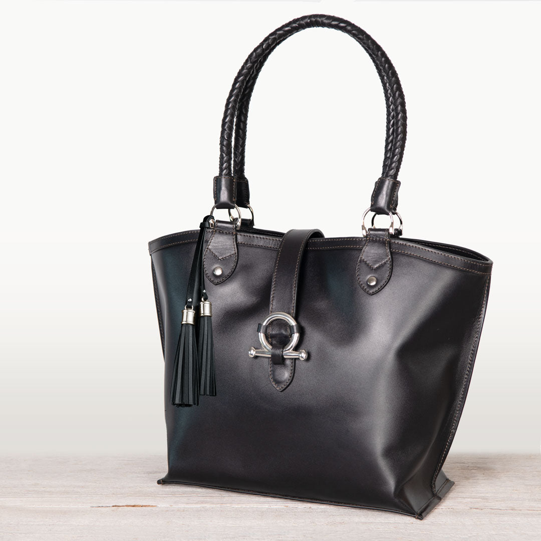 Del Rey -Horse Bit Tote Luxury Leather Handbag in Black Urban-Equestrian
