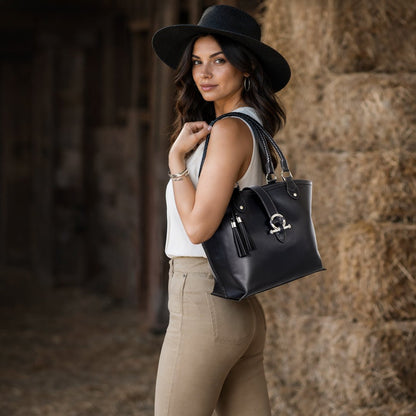 Del Rey -Horse Bit Tote Luxury Leather Handbag in Black Urban-Equestrian