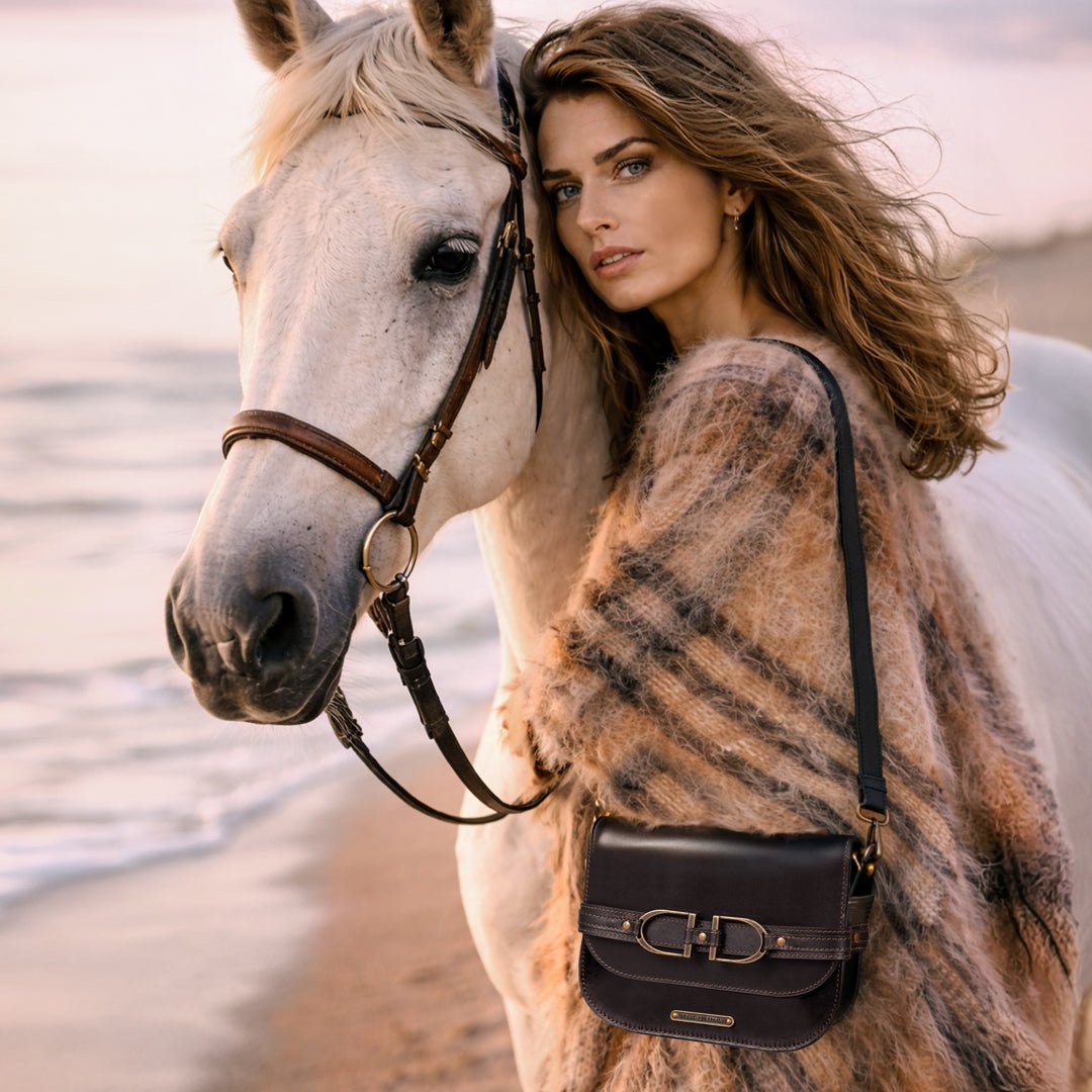 Delaney - Equestrian Stirrup Crossbody Luxury Leather Handbag in Black Urban-Equestrian