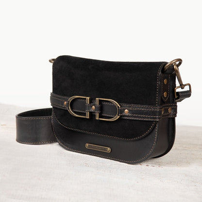 Delaney - Equestrian Stirrup Crossbody Luxury Leather Handbag in Black on Black Urban-Equestrian