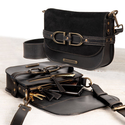 Delaney - Equestrian Stirrup Crossbody Luxury Leather Handbag in Black on Black Urban-Equestrian