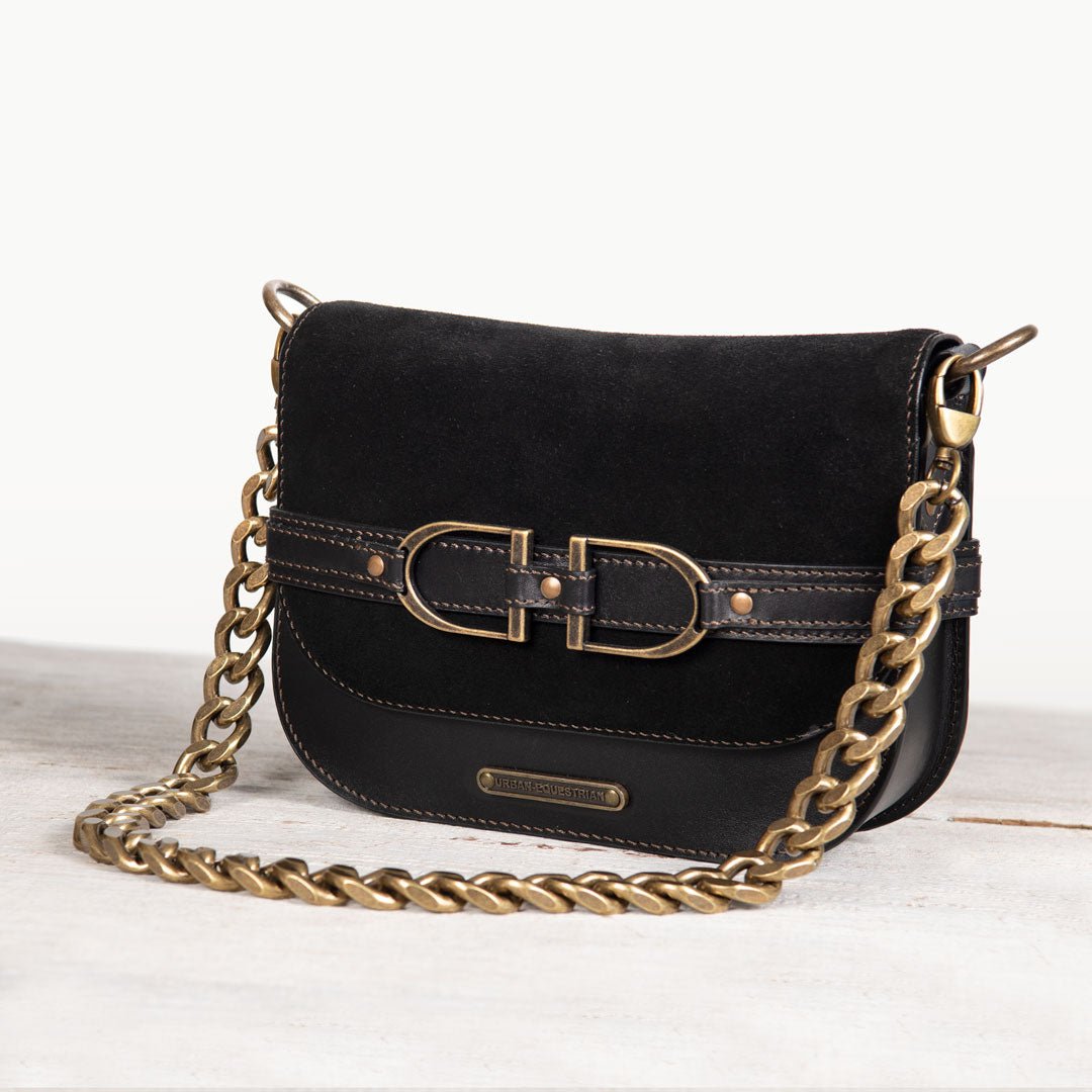 Delaney - Equestrian Stirrup Crossbody Luxury Leather Handbag in Black on Black Urban-Equestrian