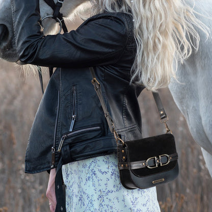 Delaney - Equestrian Stirrup Crossbody Luxury Leather Handbag in Black on Black Urban-Equestrian