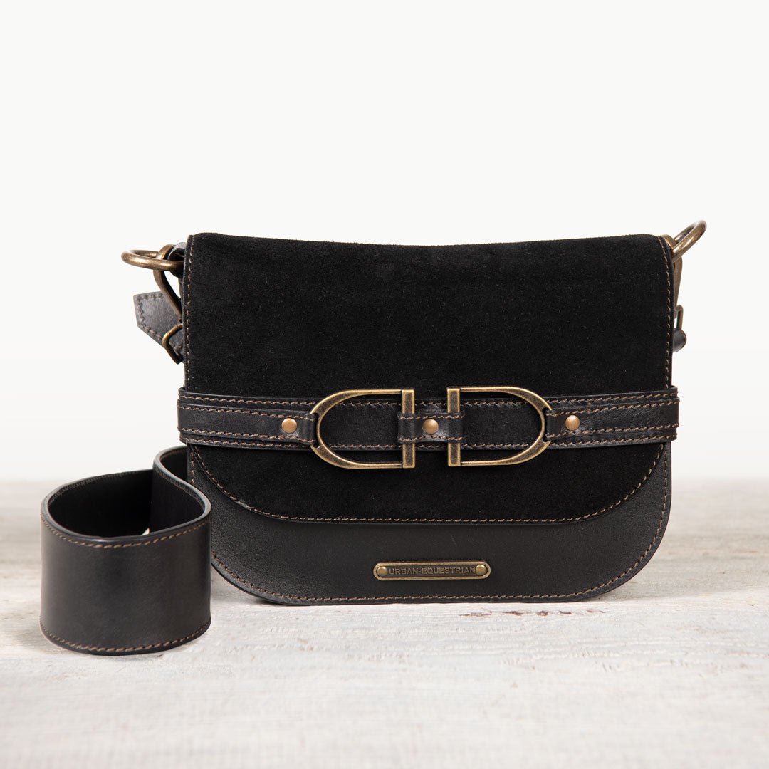 Delaney - Equestrian Stirrup Crossbody Luxury Leather Handbag in Black on Black Urban-Equestrian