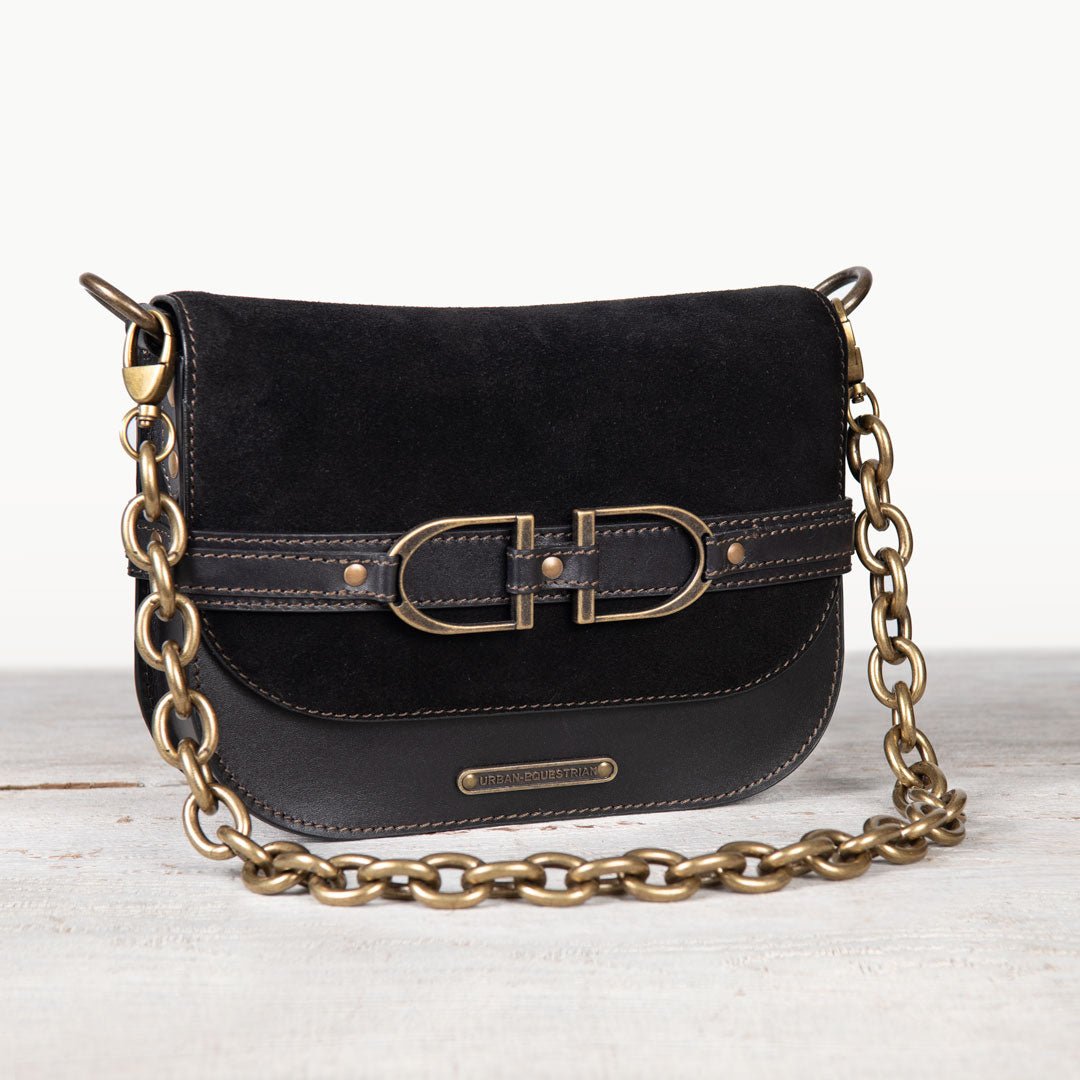 Delaney - Equestrian Stirrup Crossbody Luxury Leather Handbag in Black on Black Urban-Equestrian
