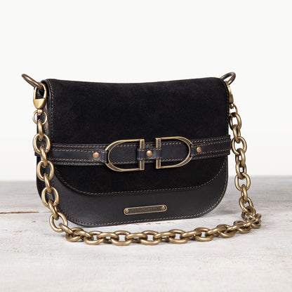 Delaney - Equestrian Stirrup Crossbody Luxury Leather Handbag in Black on Black Urban-Equestrian