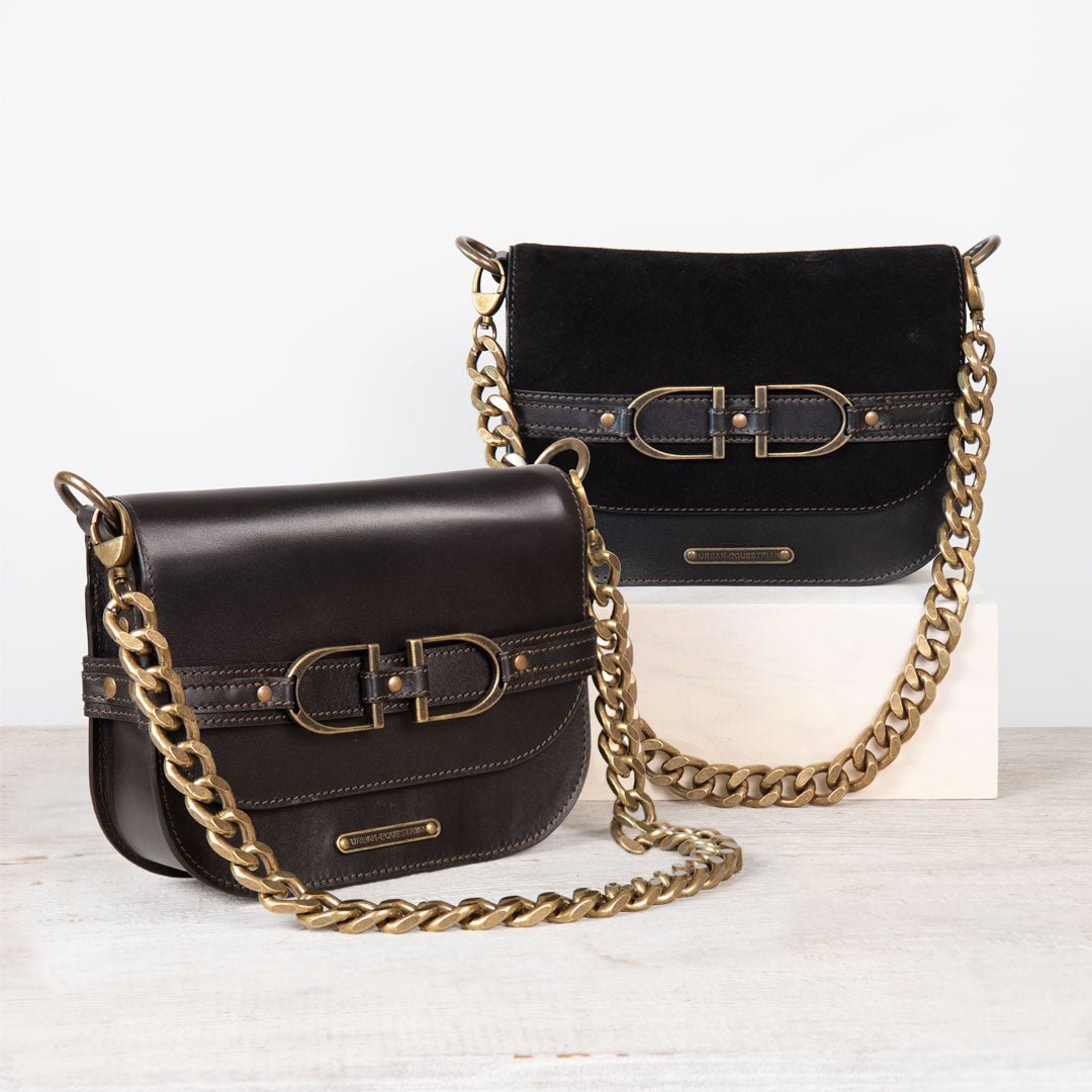 Delaney - Equestrian Stirrup Crossbody Luxury Leather Handbag in Black on Black Urban-Equestrian