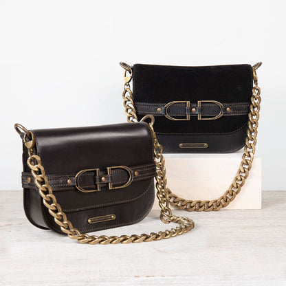 Delaney - Equestrian Stirrup Crossbody Luxury Leather Handbag in Black on Black Urban-Equestrian