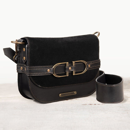 Delaney - Equestrian Stirrup Crossbody Luxury Leather Handbag in Black on Black Urban-Equestrian