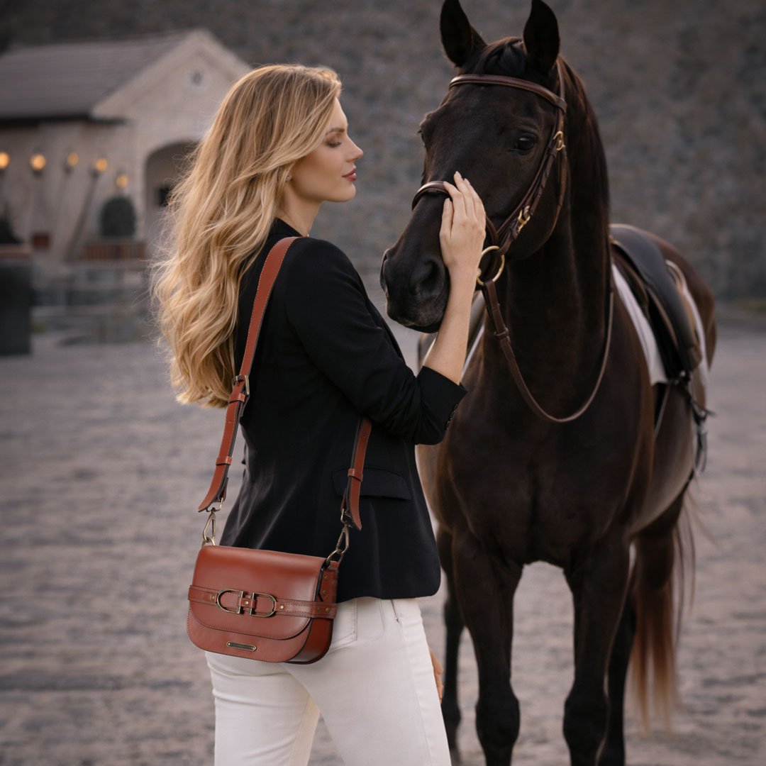 Delaney - Equestrian Stirrup Crossbody Luxury Leather Handbag in Cognac Urban-Equestrian