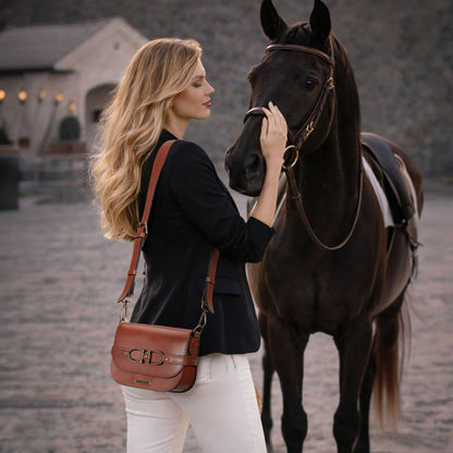 Delaney - Equestrian Stirrup Crossbody Luxury Leather Handbag in Cognac Urban-Equestrian