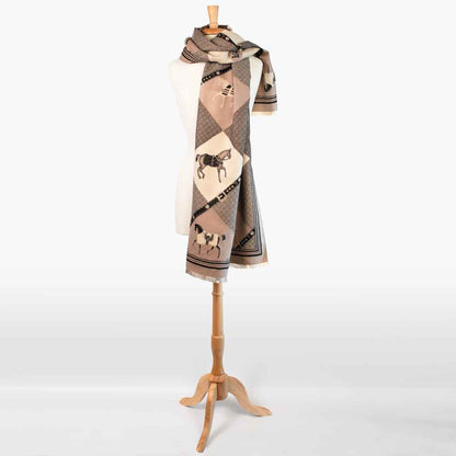 Della -  Taupe Equestrian Motif Luxe Shawl Urban-Equestrian