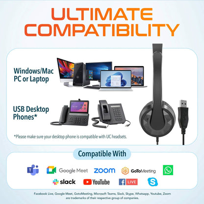 Delton 12Y USB Computer Headset with Microphone Noise Isolating Headphones In-Line Volume Control