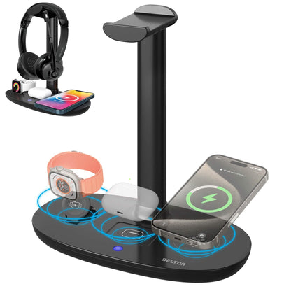 Delton HS1 3-in-1 Wireless Charging Station with Headphone Stand, Fast Charging Desk Charging Station, 15W Wireless Charger Stand for iPhones, iWatches, AirPods & Qi-enabled Devices - Black DailySale