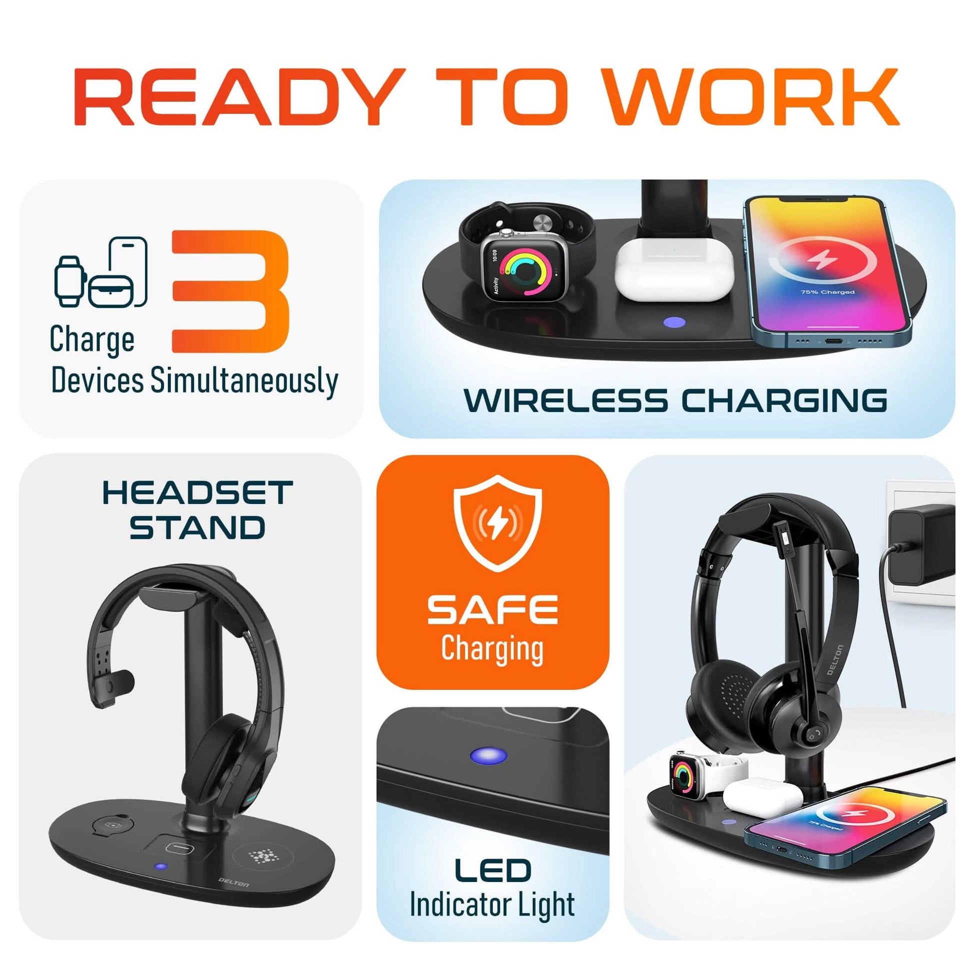 Delton HS1 3-in-1 Wireless Charging Station with Headphone Stand, Fast Charging Desk Charging Station, 15W Wireless Charger Stand for iPhones, iWatches, AirPods & Qi-enabled Devices - Black DailySale