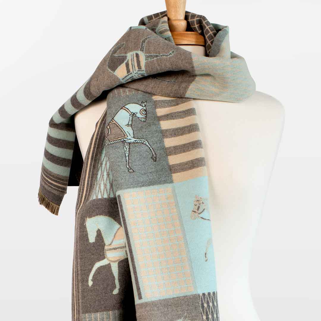 Devon -  Aqua Equestrian Motif Luxe Shawl Urban-Equestrian