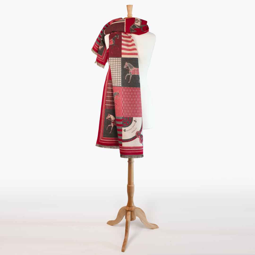 Devon -  Crimson Equestrian Motif Luxe Shawl Urban-Equestrian
