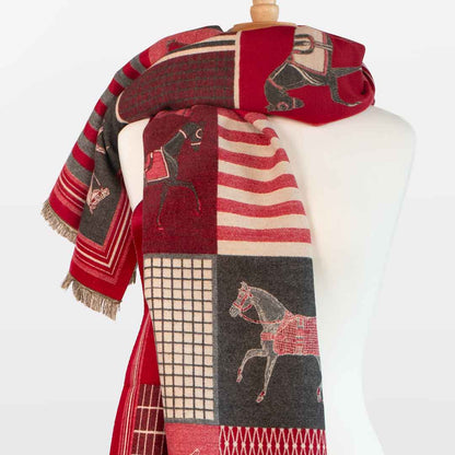 Devon -  Crimson Equestrian Motif Luxe Shawl Urban-Equestrian