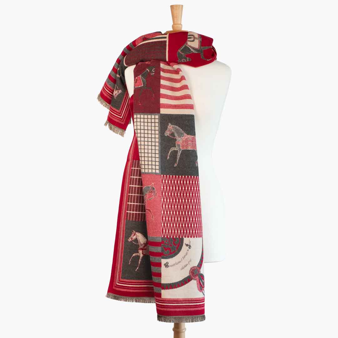 Devon -  Crimson Equestrian Motif Luxe Shawl Urban-Equestrian